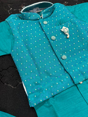 Boys Teal Green Kurta Set with Textured Jacket, Dhoti & Pajama Options – Festive Ethnic Wear,- Design B-2024