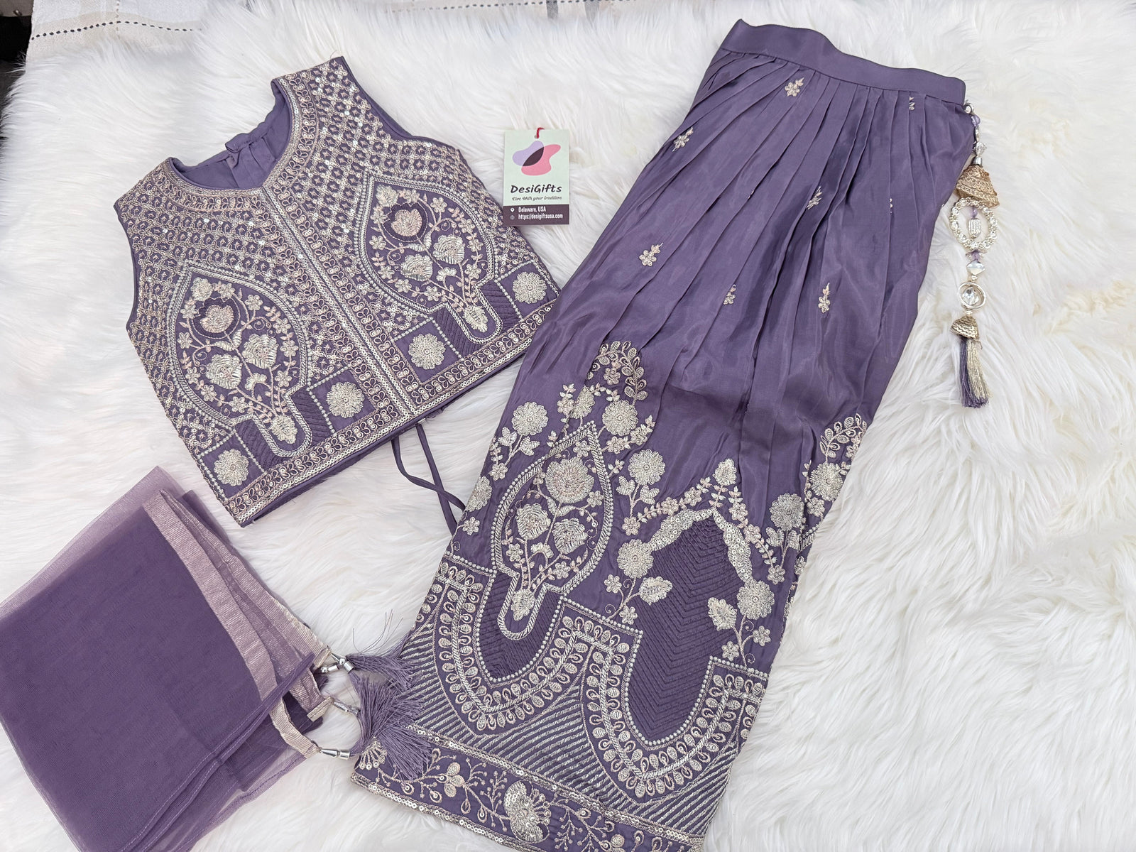 Girls Lavender Purple Zari Embroidered Lehenga Choli Set with Dupatta, Traditional Indian Ethnic Wear for Kids, Wedding & Festival Outfit, G-2096