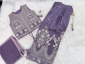 Girls Lavender Purple Zari Embroidered Lehenga Choli Set with Dupatta, Traditional Indian Ethnic Wear for Kids, Wedding & Festival Outfit, G-2096