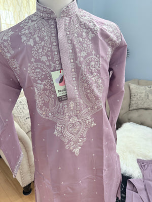 Lavender Shade Trendy Kurta Pajama for Men with Intricate White Embroidery, Wedding & Festive Indian Outfit, KP-1417