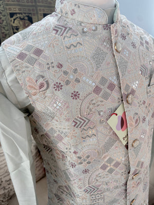 Men’s Pale Sage Green 3-Piece Kurta Pajama with Premium Embroidered Jacket, Wedding & Festive Ethnic Wear, KPJ-3078