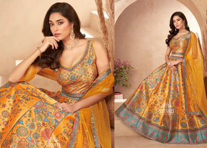 Women’s Mustard Yellow Lehenga Choli Set with Dupatta – Multicolor Floral & Mandala Digital Print, Mirror-Style Sequin Work, Indian Wedding Festive Wear, LHG-4011