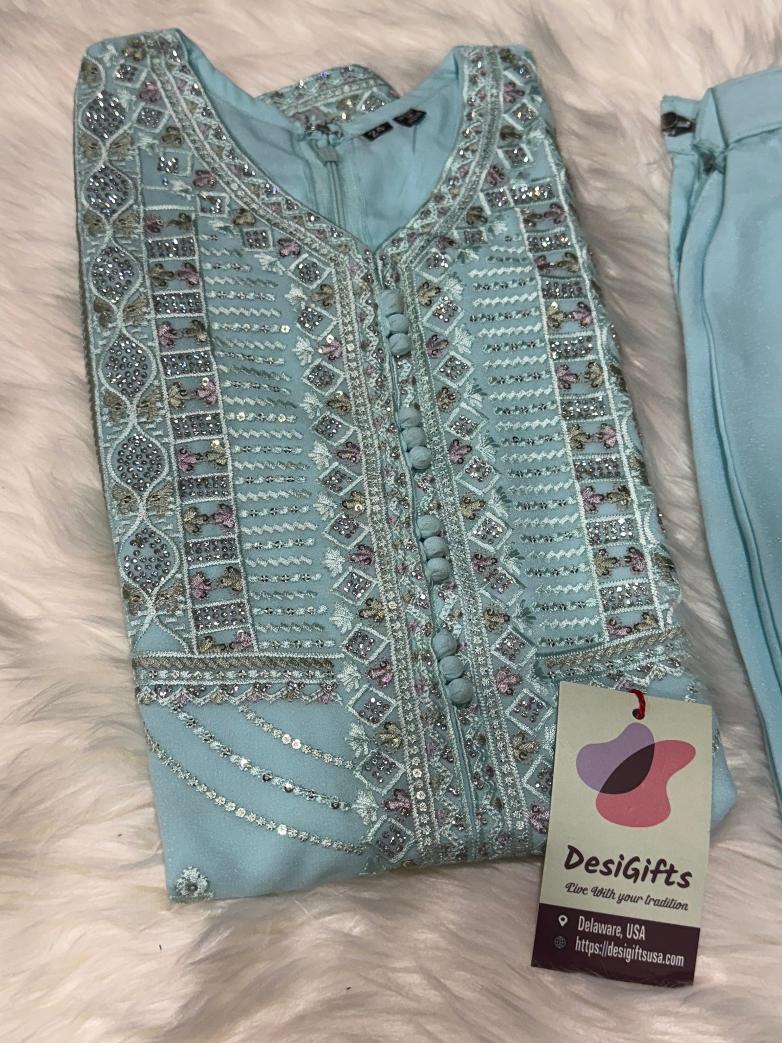 Graceful Sky Blue 3-Piece Girls’ Kurti Set with Intricate Embroidery and Sequin Detailing, Design G-1948