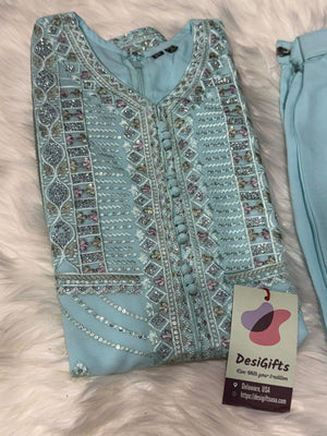 Graceful Sky Blue 3-Piece Girls’ Kurti Set with Intricate Embroidery and Sequin Detailing, Design G-1948