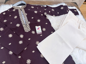 Men’s Plum Purple Shade Embroidered Kurta Pajama Set | Open Neck Kurta with Ivory Trouser Pants | Indian Wedding & Festive Wear, KP-4071
