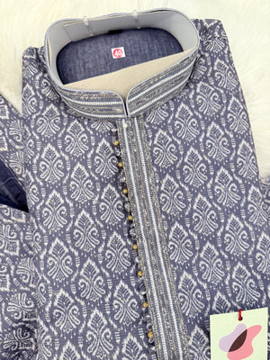 Men's Steel Blue Printed Kurta Pajama Set | Designer Indian Ethnic Wear with Mandarin Collar | Wedding, Diwali & Festive Outfit, KP-4089