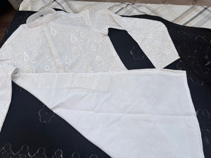 Men’s White Embroidered Kurta Pajama Set with Sequin Accents | Chikankari-Style Wedding & Festive Indian Outfit, KP- 3058