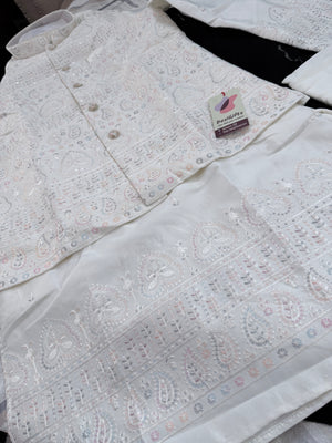 Elegant Men’s 3-Piece Kurta Pajama with Embroidered Sequins Jacket, Ivory Cream Satin Silk Blend Ethnic Wear for Wedding & Festive, KPJ-3062