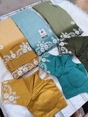 Soft Silk Blend Saree with White Floral Embroidery, Elegant Indian Wedding & Festive Saree with Stitched Blouse | Fall & Pico Done | Wedding, Festive & Party Wear, S- 3092