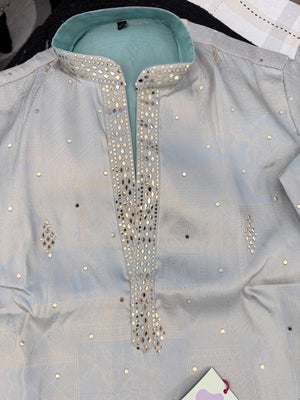 Men’s Ice Blue Shorter Kurta with Parallel Pants | Gold Embellished Jacquard Kurta Pajama Set | Indo-Western Wedding & Festive Kurta Set, KP - 4044