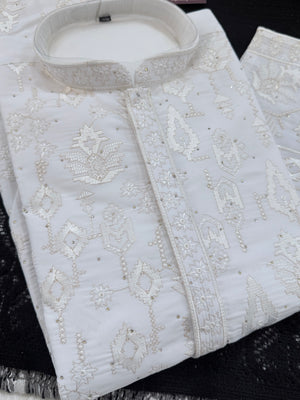 Men’s White Embroidered Kurta Pajama Set with Sequin Accents | Chikankari-Style Wedding & Festive Indian Outfit, KP- 3058