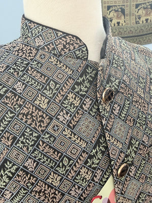 Men’s Black Brocade Nehru Jacket – Multicolor Woven Design Indian Wedding Waistcoat, Festive Modi Jacket, J-3074