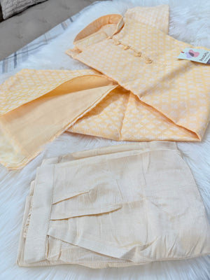Men’s Light Butter Yellow Banarasi Silk Blend Kurta Pajama Set White Woven Buti, Kurta with Trouser Pants, Indian Festive Wedding Wear – KP- 3075