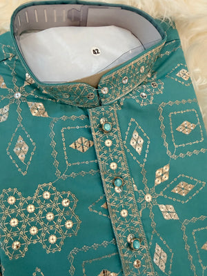Father & Son Matching Turquoise Blue Kurta Pajama Set | Silver Zari-Style Embroidery, Sequin Work | Festive Wear, DM -4025