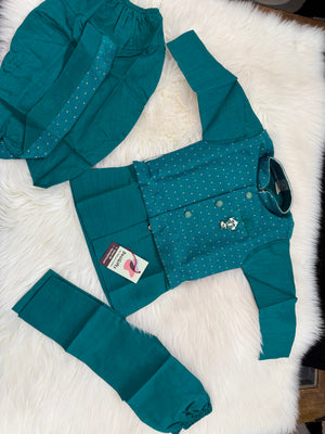 Boys Teal Green Kurta Set with Textured Jacket, Dhoti & Pajama Options – Festive Ethnic Wear,- Design B-2024