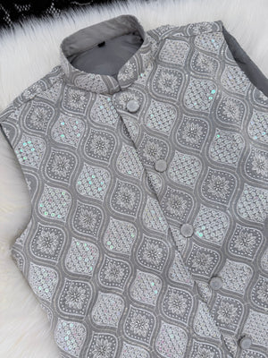 Luxury Gray Bead & Sequin Embroidered Jacket for Men – Heavy Thread Work Wedding Waistcoat | J-3033