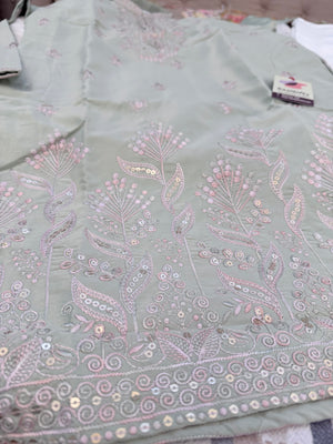 Men’s Sage Green Shorter Kurta with Parallel Pants | Floral Embroidery Kurta Pajama Set | Indo-Western Wedding & Festive Kurta Set, KP - 4064