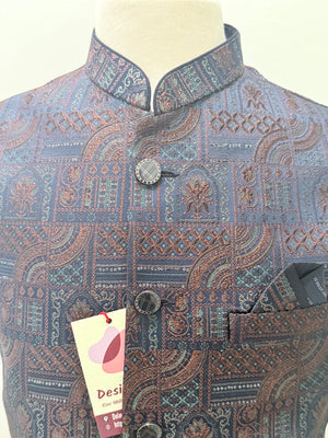 Men’s Navy Blue Brocade Nehru Jacket – Multicolor Woven Design Indian Wedding Waistcoat, Festive Modi Jacket, J-3090