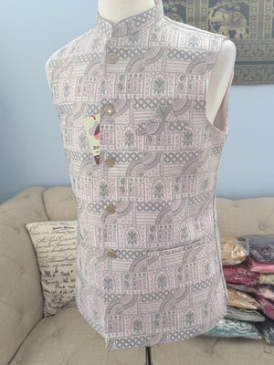 Men’s Light Blush Pink with Gray Woven Design Brocade Nehru Jacket – Indian Wedding Waistcoat, Festive Ethnic Modi Jacket, J-3076