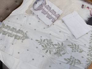 Size 42 (L), Men's Off-White Embroidered Kurta Pajama Set – Sage Green & Dusty Lavender | Indian Wedding & Festive Wear| KP-4067