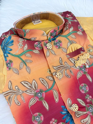 Boys Yellow Kurta Pajama Set with Floral Jacket | Dhoti and Trouser Pant Option | Indian Wedding Festive Ethnic Wear for Kids, B-4049