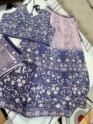 Women’s Navy Blue & Dusty Pink Lehenga Choli Set with Dupatta – Digital Floral Print, Mirror-Style Sequin Work, Indian Wedding Festive Wear, LHG - 4009