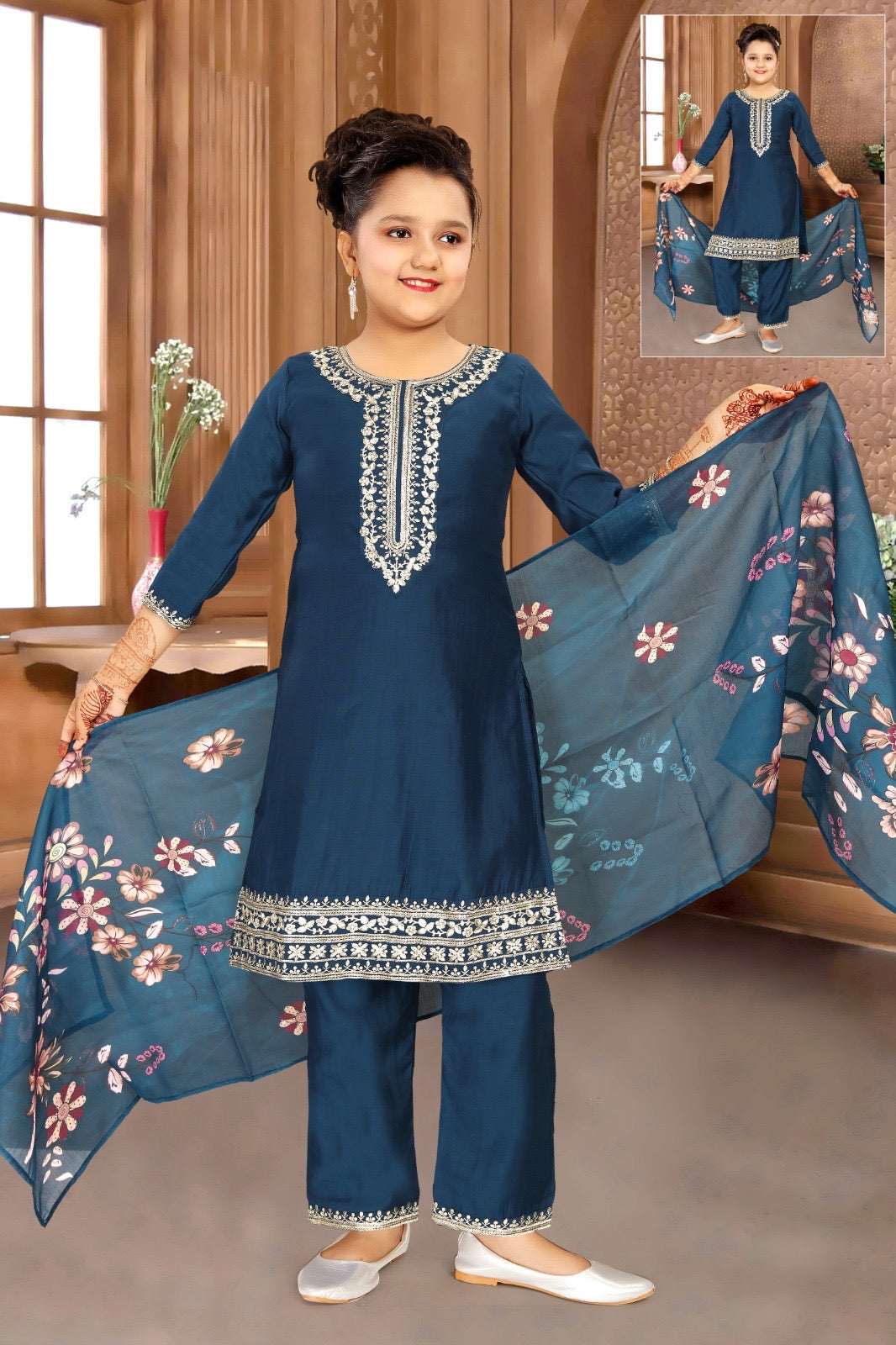Elegant 3 Piece Peacock Blue Shade Kurti Set with Exquisitely Zari Work, Girl's Dress, Design G-1893