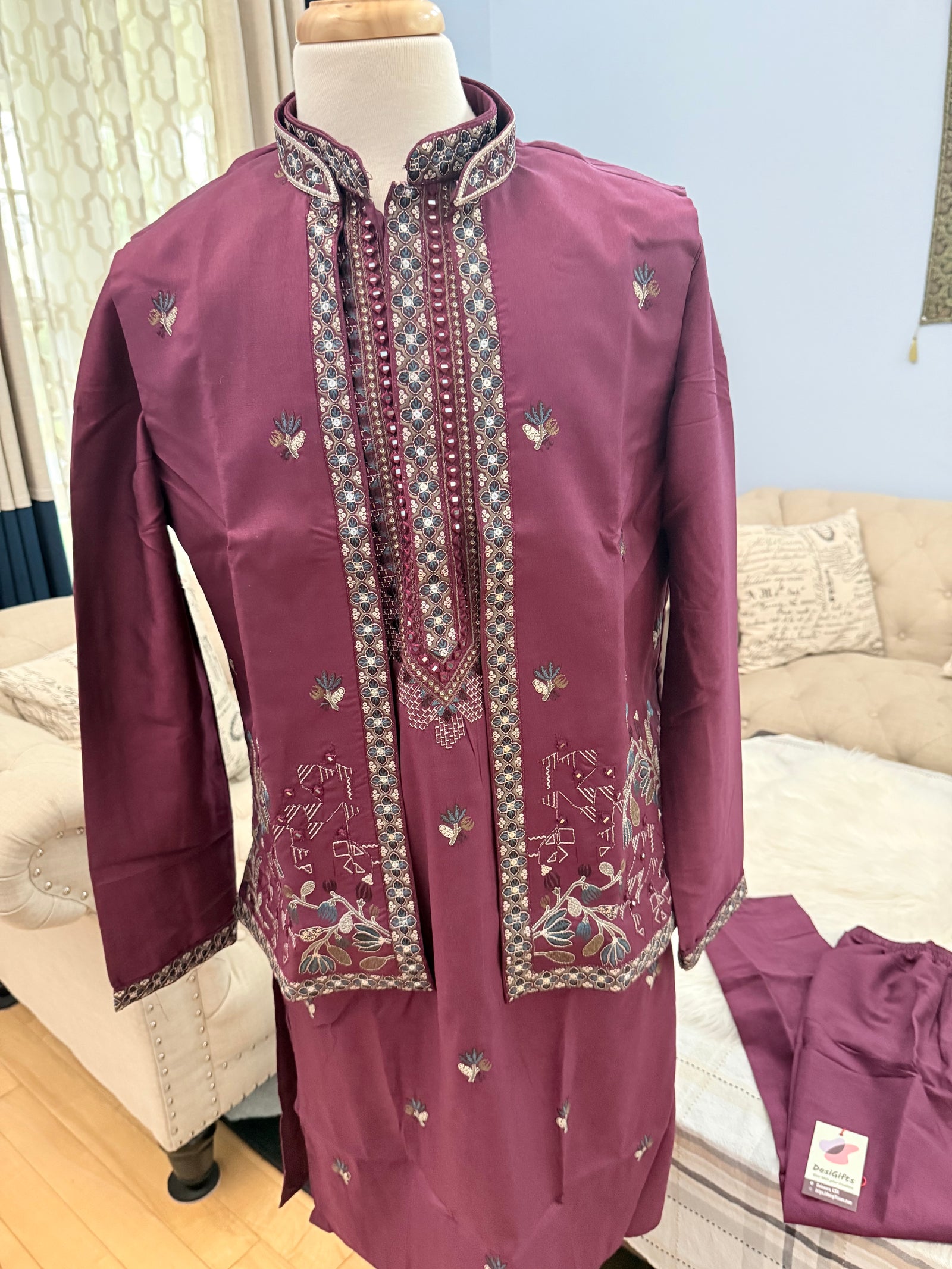 Men’s Wine Embroidered Kurta Pajama Set with Jacket, 3-Piece Indian Ethnic Outfit, Festive Wedding Wear, KPS - 3007