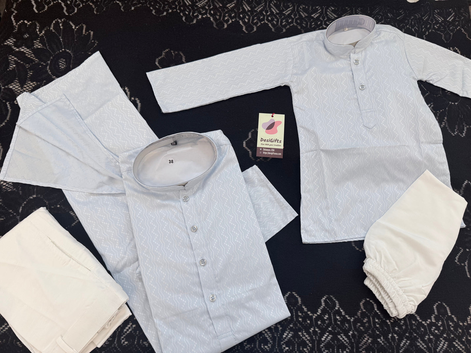 Men's and Boys' Soft Cotton Silk Kurta Pajama Set - Sky Blue Indian Festive Wear, Matching Traditional Outfit, DM-3021
