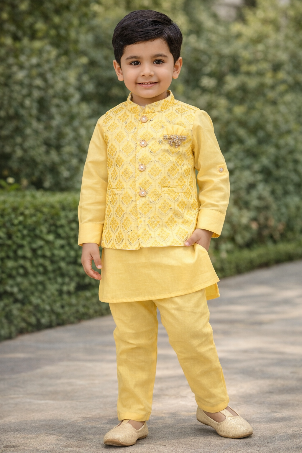 Lemon Yellow Shade 3 Piece Boys Dress,  Cotton  Silk Ethnic Kurta with Embroidered Jacket, and Pajama Pant- Design B-2042B