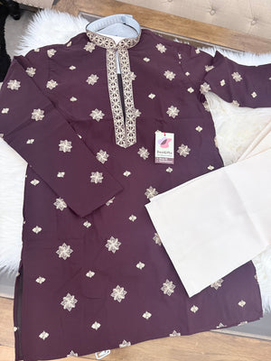 Men’s Plum Purple Shade Embroidered Kurta Pajama Set | Open Neck Kurta with Ivory Trouser Pants | Indian Wedding & Festive Wear, KP-4071