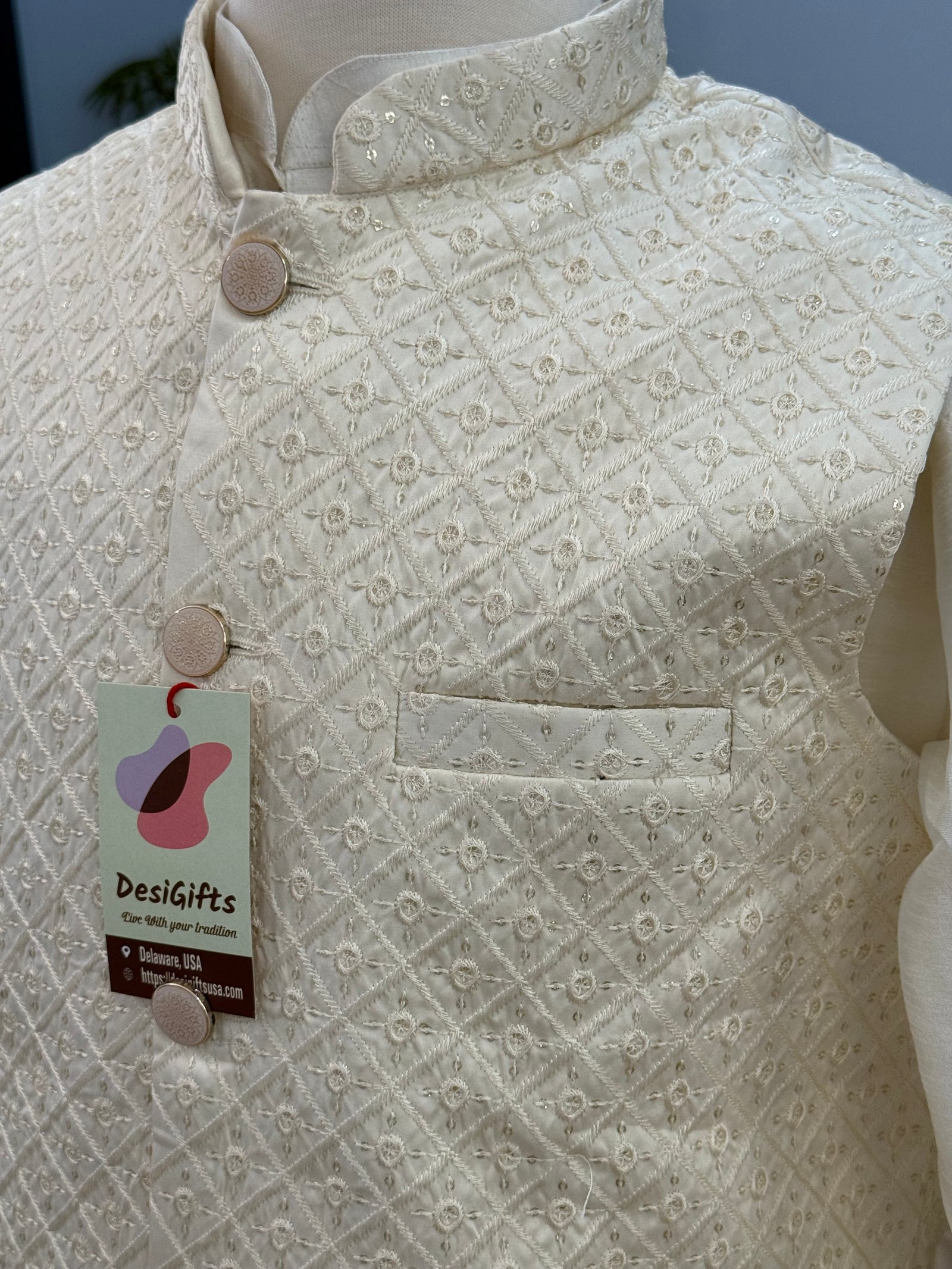 3 Piece Cream Kurta Pajama, Pant Style, with Embroidered Sequins Jacket Set-Silk Fabric, JKP- 1926)