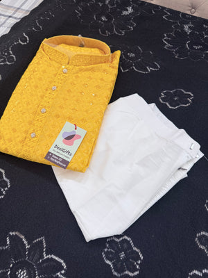 Men & Boys Marigold Yellow Rayon Chikankari with Sequins Kurta Pajama Set | Matching Father Son Option Festive Outfit with Sequin Work, DM -1422