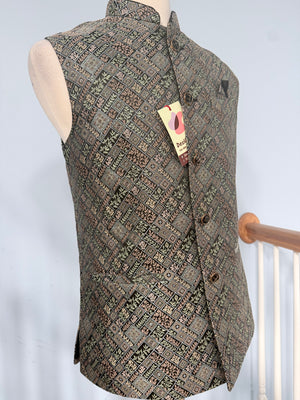 Men’s Black Brocade Nehru Jacket – Multicolor Woven Design Indian Wedding Waistcoat, Festive Modi Jacket, J-3074