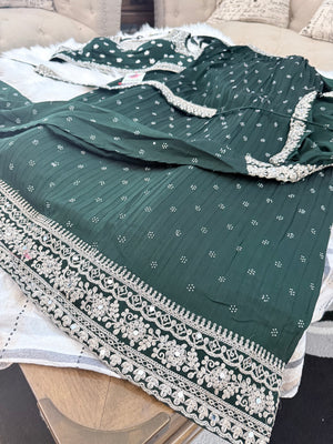 Embroidered Lehenga Saree Style Set with Blouse & Dupatta – Teal Blue / Olive Green Wedding & Festive Indian Ethnic Wear, Design LHG - 4020