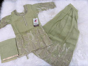 Girls’ Sage Green Kurta Palazzo Set with Sequins Work – Festive Ethnic Wear, GRL-2098