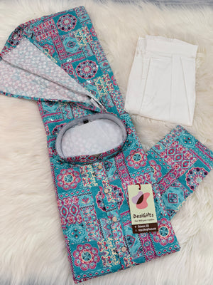 Premium Cyan Blue Embroidered Kurta Pajama Set – Viscose Rayon with Printed & Sequin Detailing | Traditional Outfit | KPS-2033