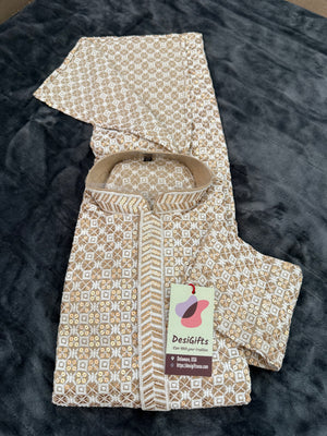 Beige Shade Men's kurta pajama set with embroidery and sequins. Two-piece Indian traditional outfit for special occasions., KP - 1937