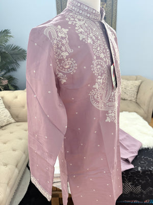 Lavender Shade Trendy Kurta Pajama for Men with Intricate White Embroidery, Wedding & Festive Indian Outfit, KP-1417