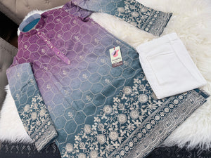 Men’s Purple to Teal Ombre Embroidered Kurta Pajama Set |Wedding & Festive Indian Ethnic Wear, KP - 4041