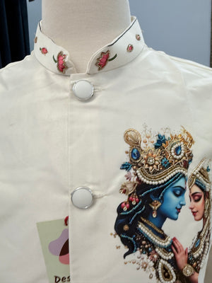 Men’s Ivory Radha Krishna Jacket | Embroidered Indian Waistcoat with Peacock & Elephant Design | Festive Modi Jacket | J-4051