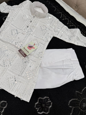 Boys’ Rayon Embroidery White Kurta Pajama Set with Sequins Work, Designer Ethnic Outfit for Kids Festive and Wedding Wear – BOY-2086