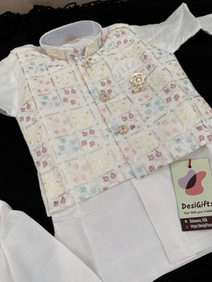 White Shade 4 Piece Boy's Cotton  Silk Ethnic Kurta with  Embroidery Jacket, Dhoti and Pajama- Design B-2020