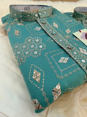 Father & Son Matching Turquoise Blue Kurta Pajama Set | Silver Zari-Style Embroidery, Sequin Work | Festive Wear, DM -4025