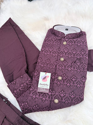 Men’s Wine 3-Piece Kurta Pajama Set with Pant Style Bottom & Embroidered Jacket, Silk Ethnic Wear, TPKP-2030