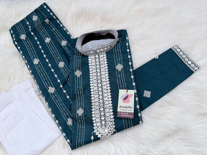Men’s Mirror Work Embroidered Kurta Pajama Set | Teal Green or Deep Purple Embroidered Indian Wedding Kurta with White Pants, KP - 3063-64