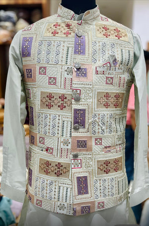 Elegant Men’s 3-Piece Kurta Pajama with Embroidered Sequins Jacket, Silk Ethnic Wear for Wedding & Festive, KPJ-2033