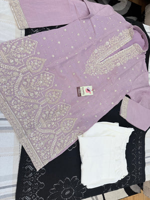 Men’s Pastel Purple Embroidered Kurta with with Parallel Pants | Textured Silk Blend Wedding Kurta Pajama Set | Festive Indian Ethnic Wear, KP - 4047