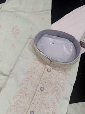 Ethnic Kurta Pajama Set for Men with Classic Embroidery on Neck & Placket – Festive Wedding Kurta Pant Outfit | KP-2064