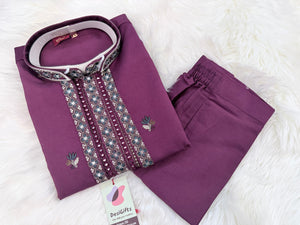 Men’s Wine Embroidered Kurta Pajama Set with Jacket, 3-Piece Indian Ethnic Outfit, Festive Wedding Wear, KPS - 3007